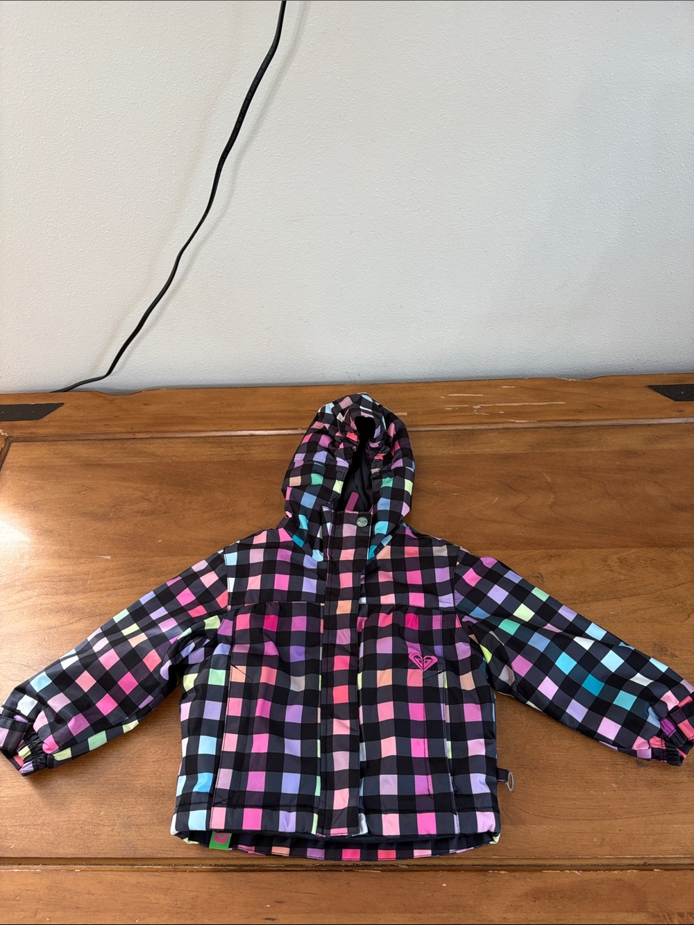 Roxy Kids Ski Snowboarding Black Multicolor Check Hooded Puffer Jacket Size 2